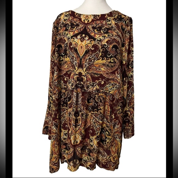 J. Jill Long Sleeve Burgundy Gold Paisley Print Tunic With Side Split XL - Picture 1 of 8